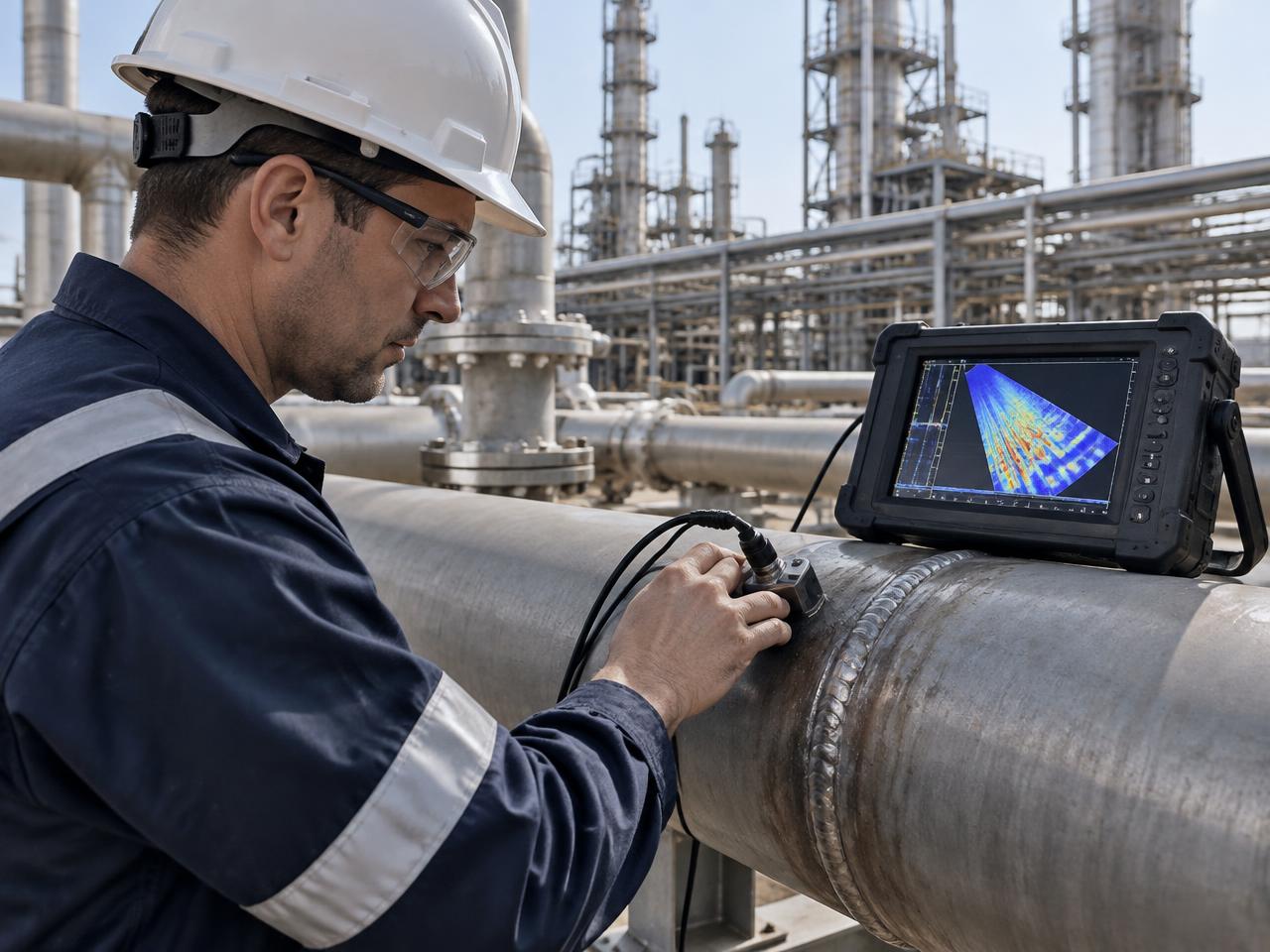 Phased array ultrasonic testing on a pipe weld