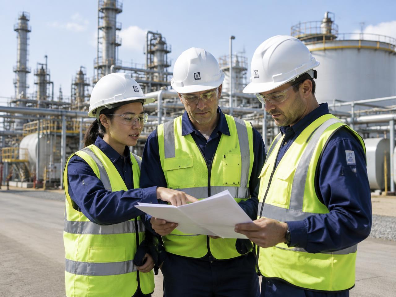 Inspection engineers in PPE at a petrochemical plant